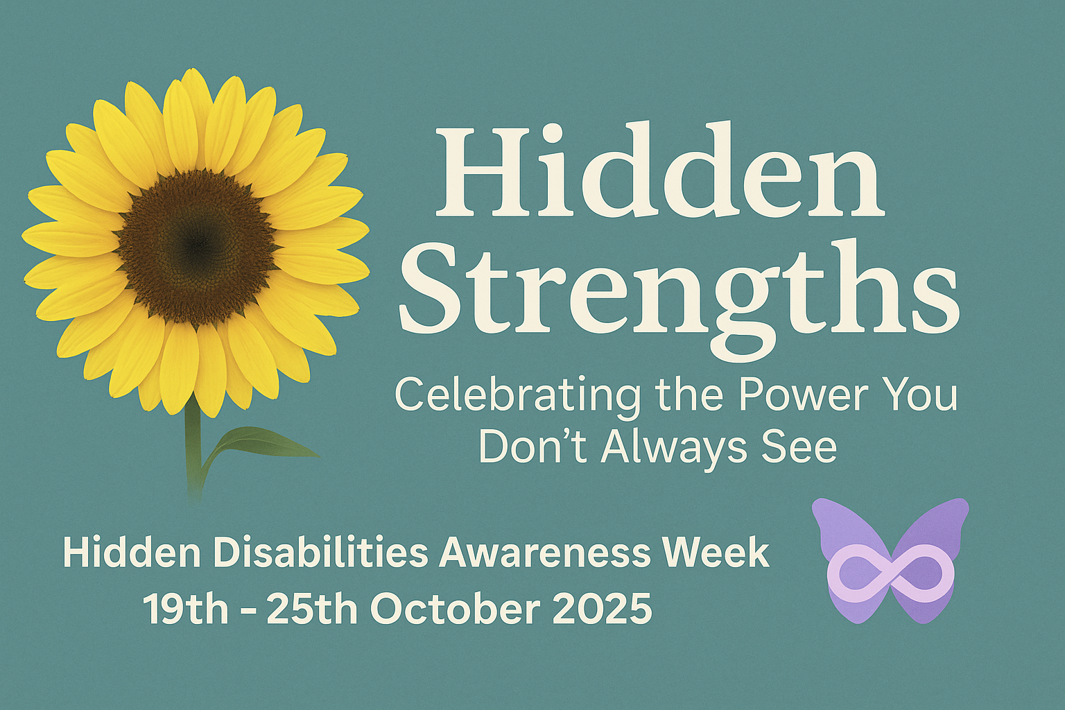 Hidden Strengths banner with sunflower and butterfly-infinity on teal