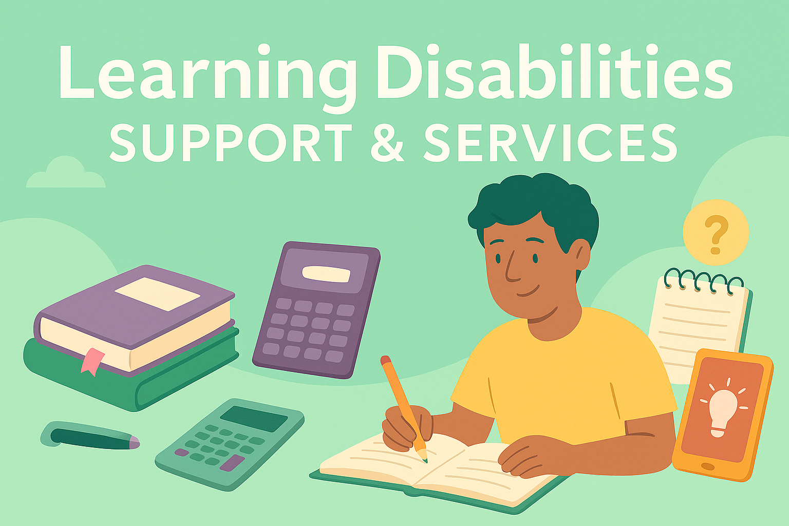 Person writing in a notebook with learning tools: inclusion and education.