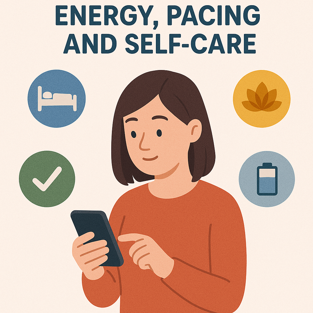 Phone with wellness and pacing apps for self-care and energy management.