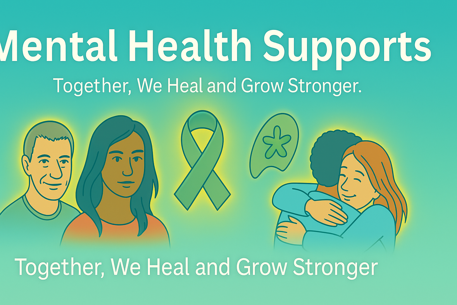 Mental Health Supports banner with glowing green ribbon and diverse people
