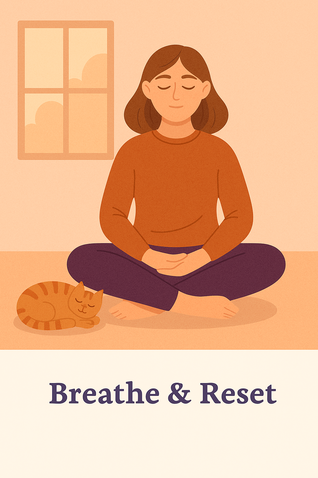 Illustration – calming breathing practice with cat nearby