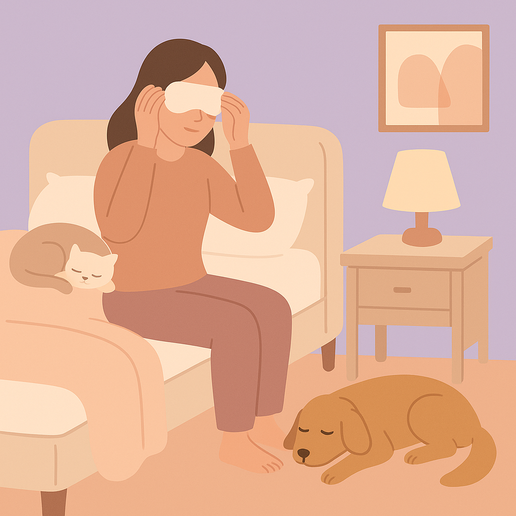 Illustration of resting after masking — adult resting in bed with cat and dog nearby.