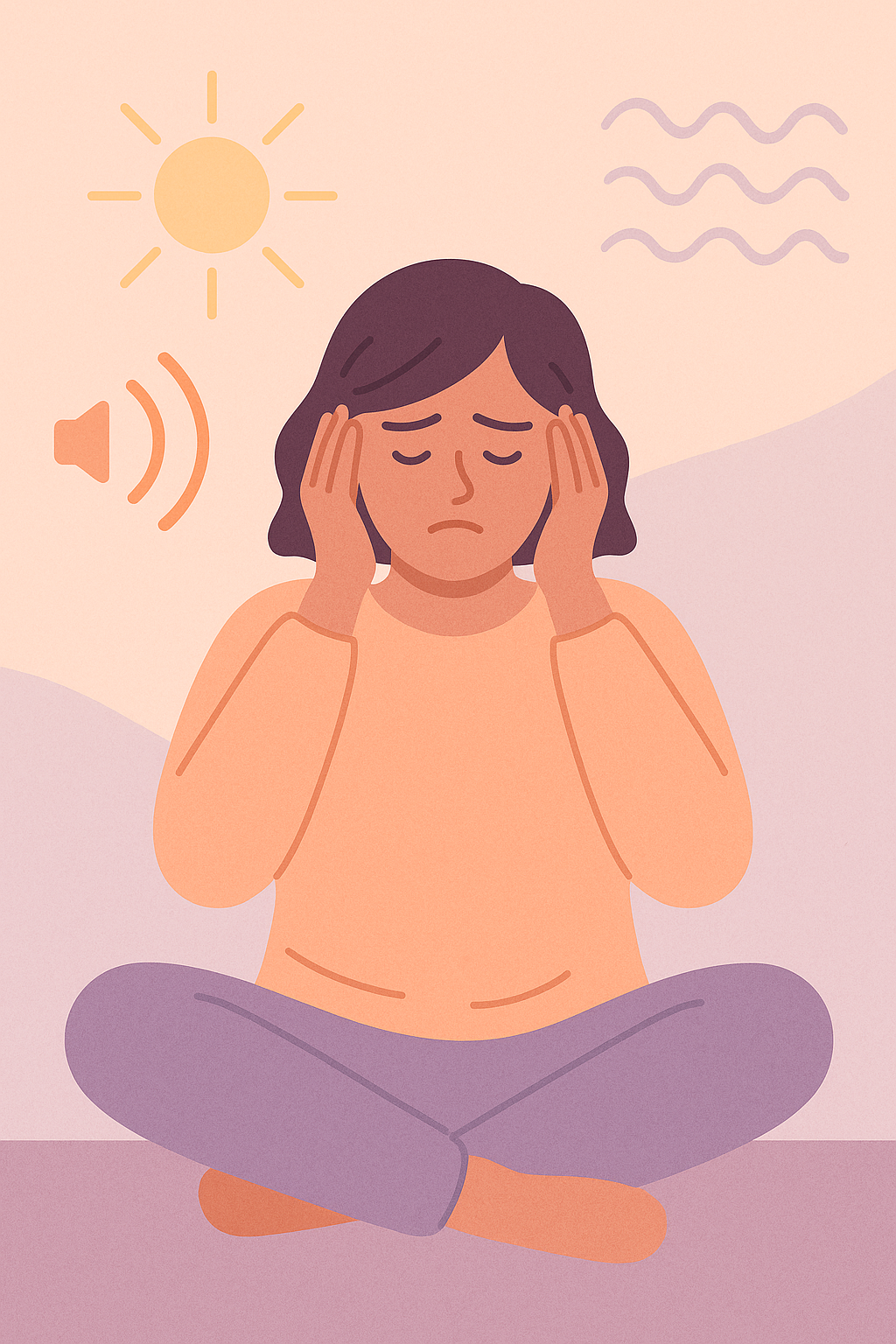 Illustration of a person holding their head with icons of sound and light representing early sensory overload signs.