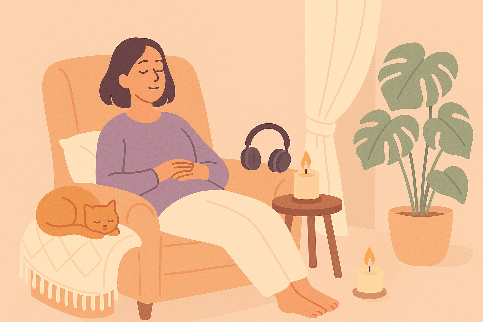 Illustration of a person resting in a calm sensory safe space with candles, headphones, a cat, and plants.
