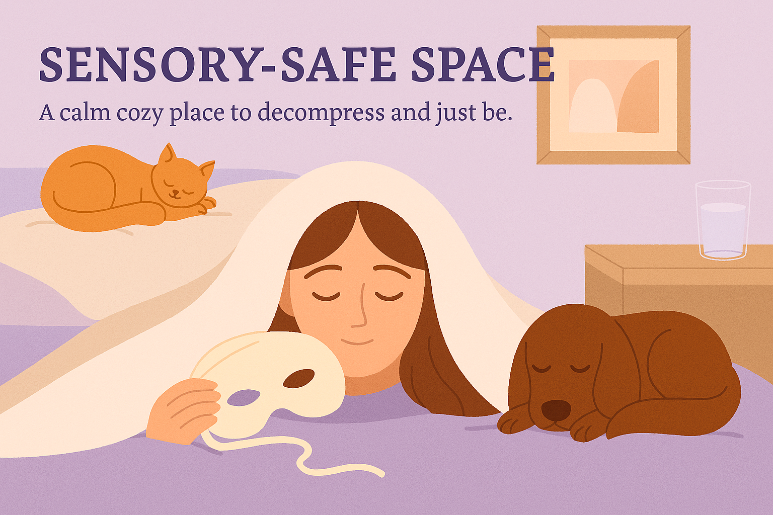 Sensory-safe space banner — adult under blanket with cat and dog