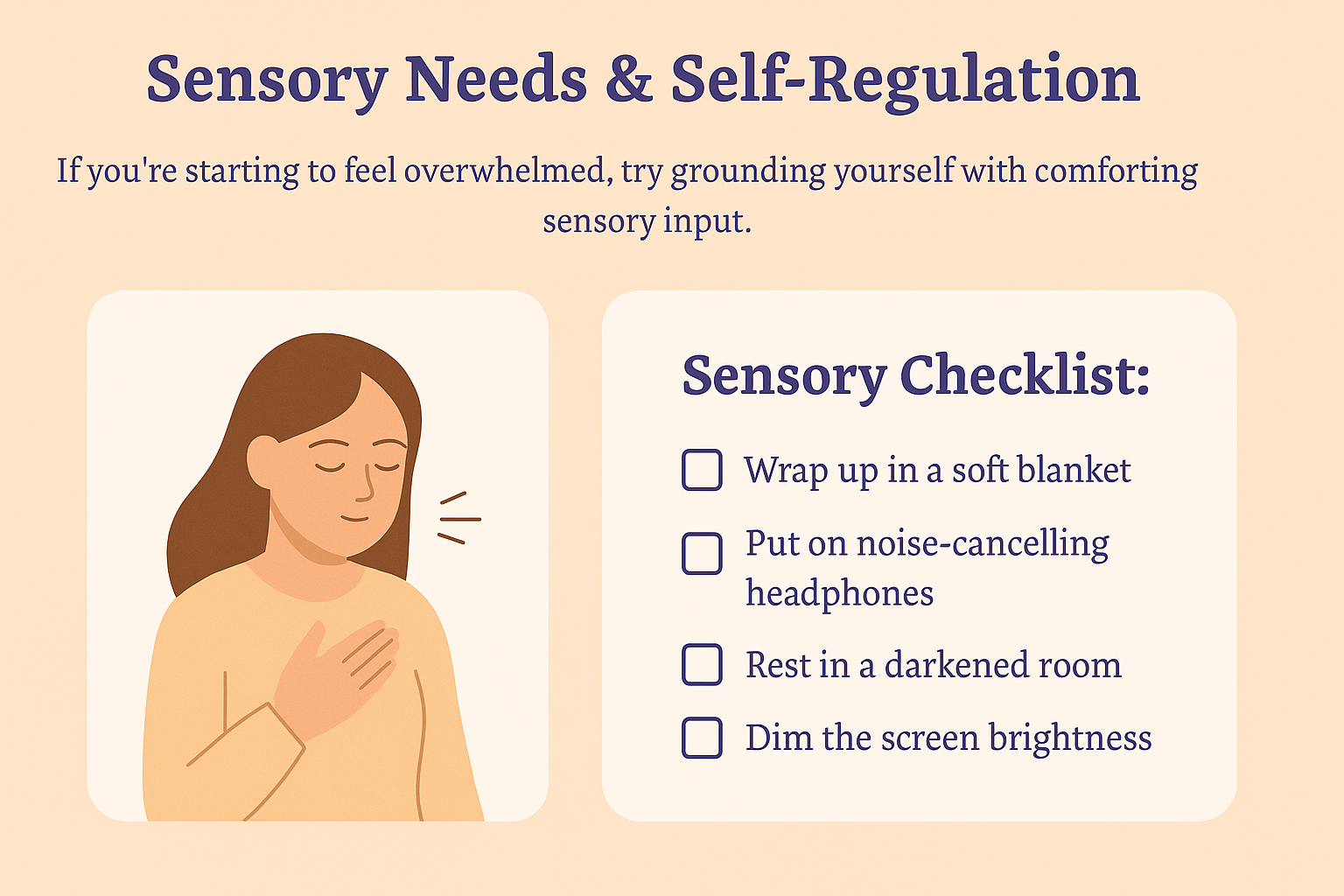 Illustration – cozy sensory-safe haven with blanket, candle, and mug