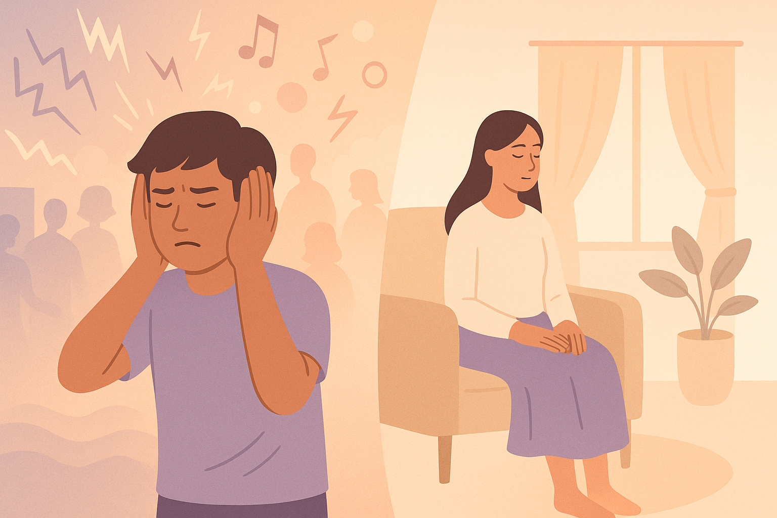 Illustration of a person overwhelmed by noise and light transitioning to a calmer space.