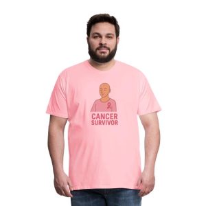 Cancer Survivor wearing a pink ribbon t-shirt