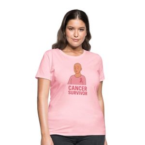 Cancer Survivor wearing a pink ribbon t-shirt