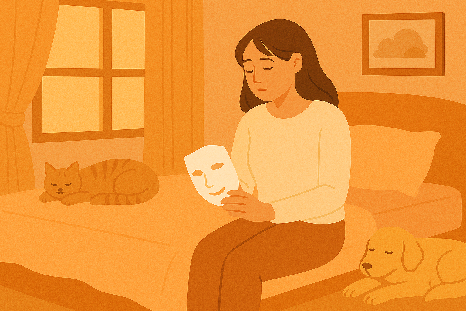 Soft morning light; adult sitting on bed holding a mask; cat on bed and dog resting nearby.