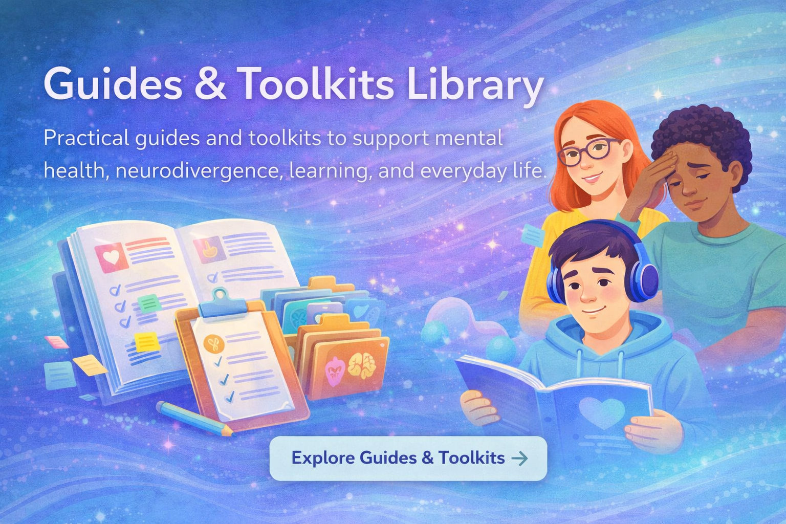 Guides & Toolkits Library banner with diverse people and learning tools