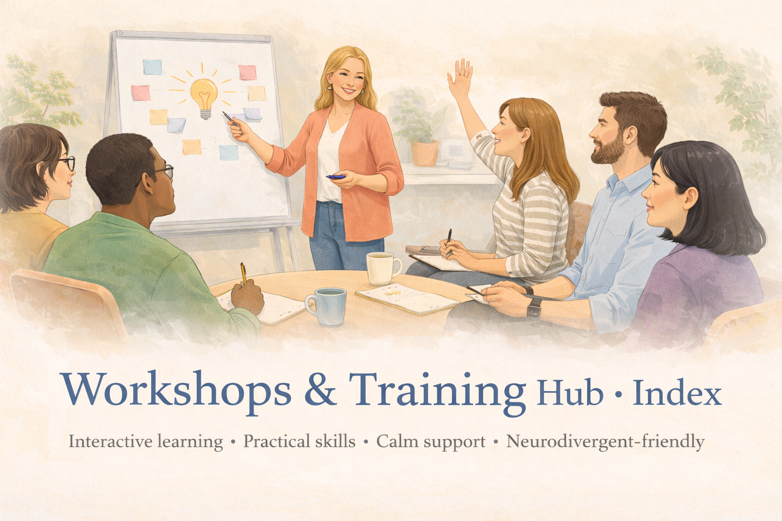 A calm, inclusive workshop setting with a facilitator and participants listening, learning, and engaging.
