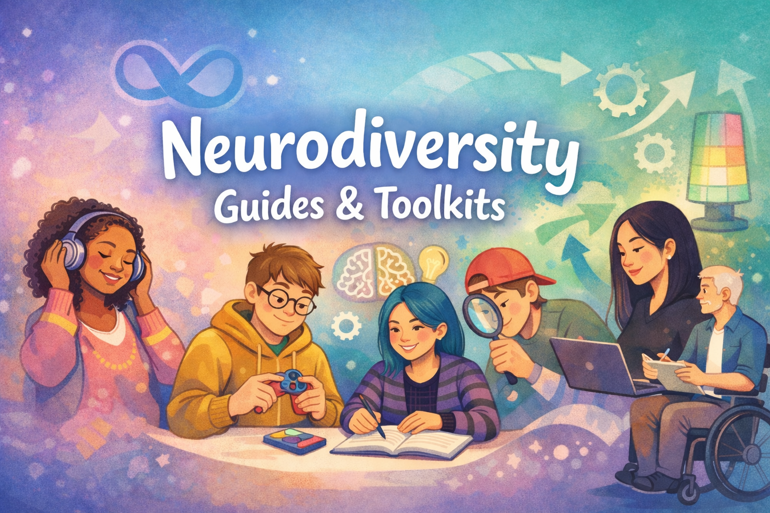 Neurodiversity Guides & Toolkits Banner — calm inclusive illustration with diverse people and books