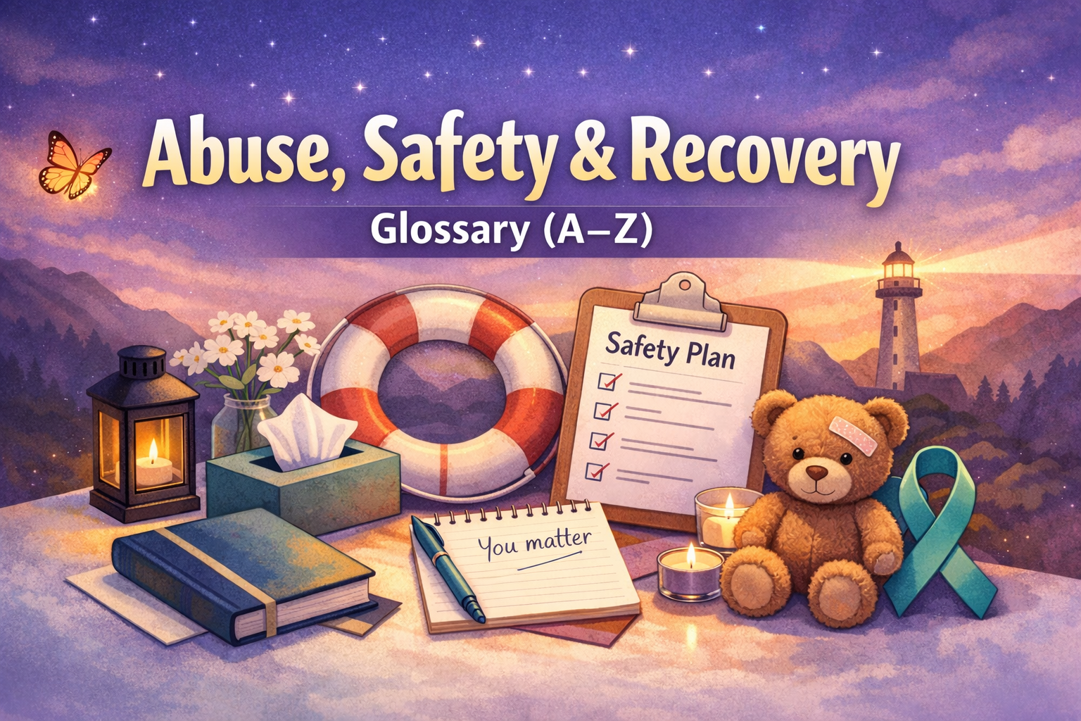 Abuse, Safety and Recovery Glossary A–Z banner — calm and supportive