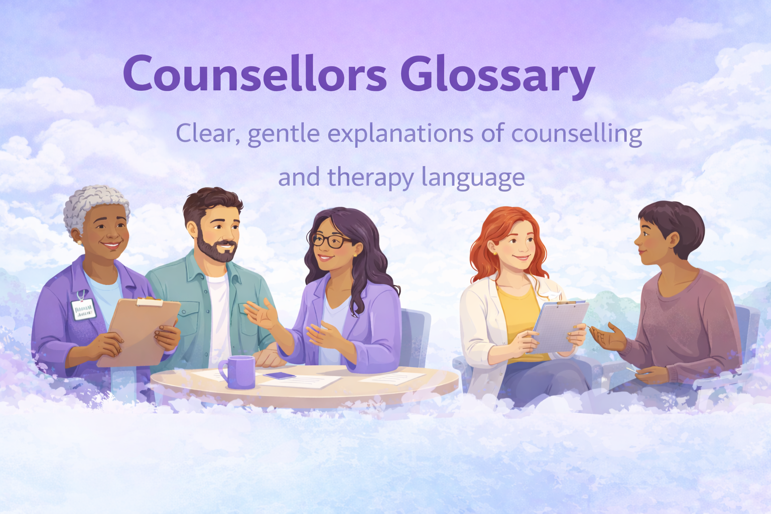 Counsellors Glossary banner — calm, welcoming counselling scene