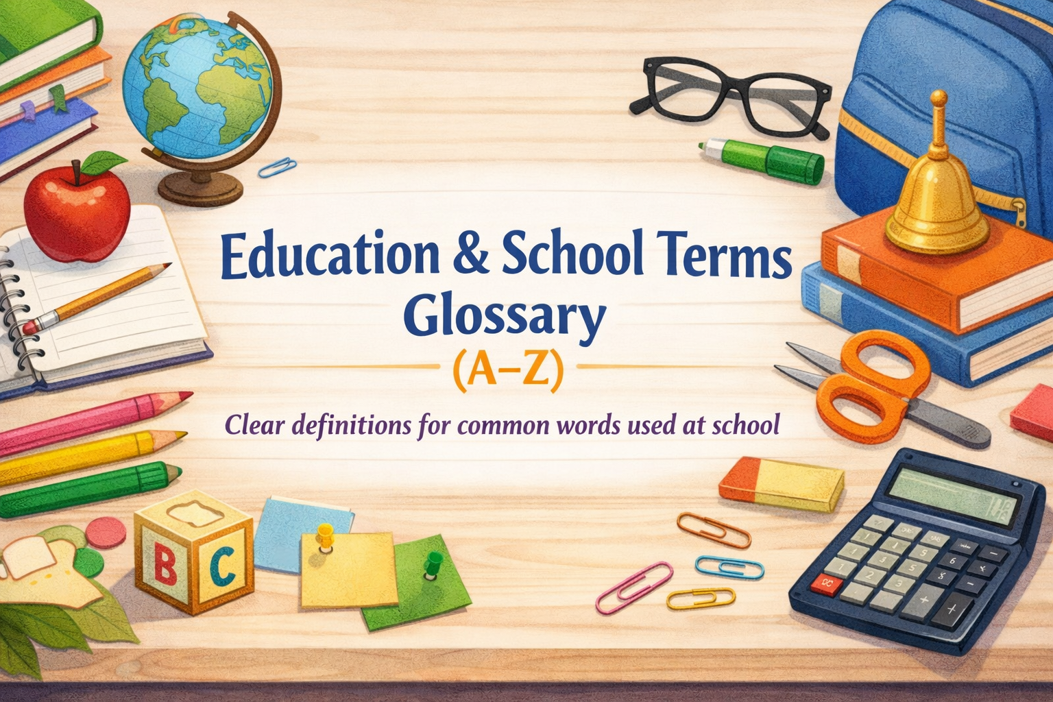 Education and School Terms Glossary A–Z banner — calm and welcoming illustration
