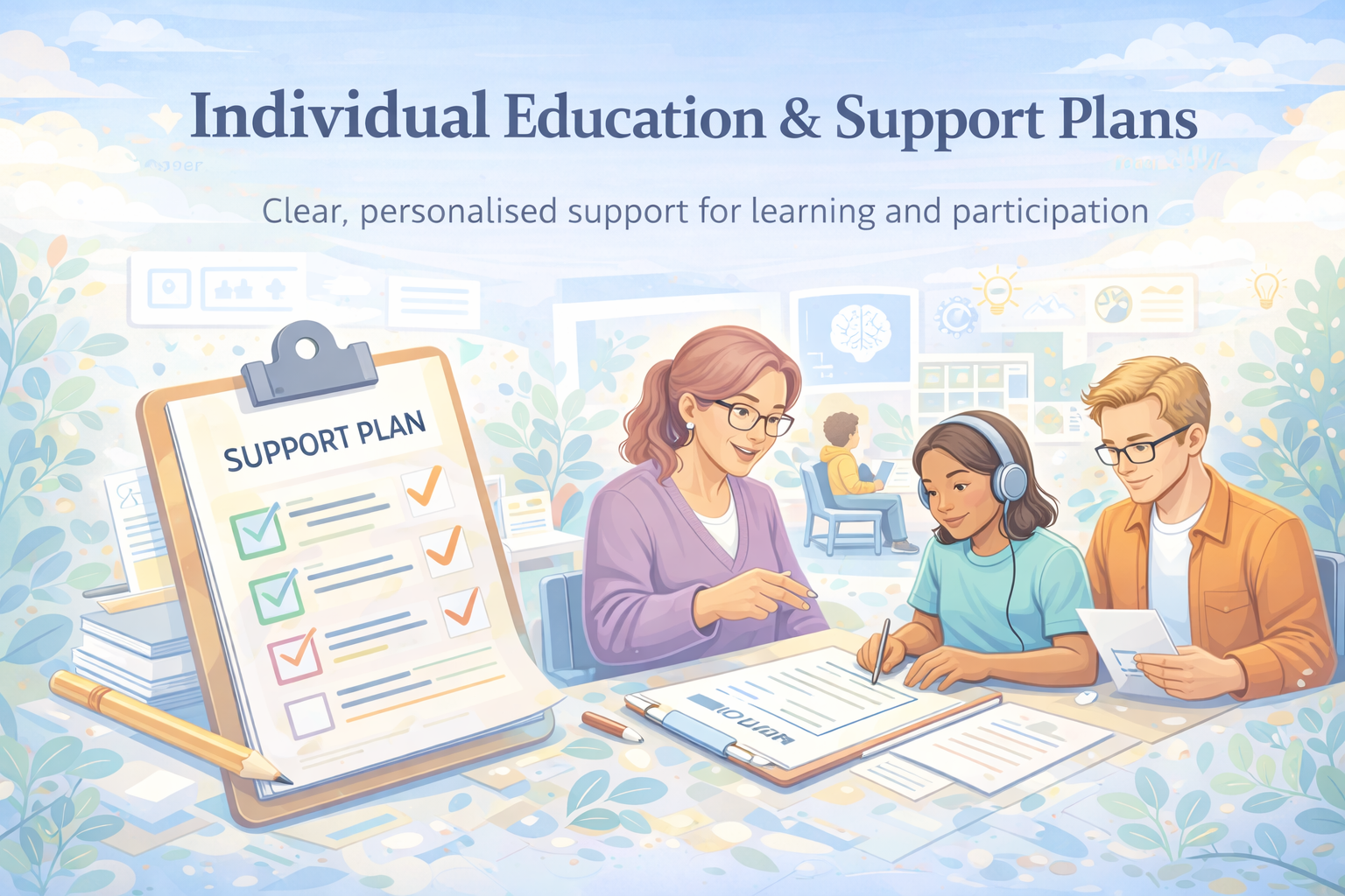 Individual Education & Support Plans — banner showing checklist, collaboration, and inclusive learning.