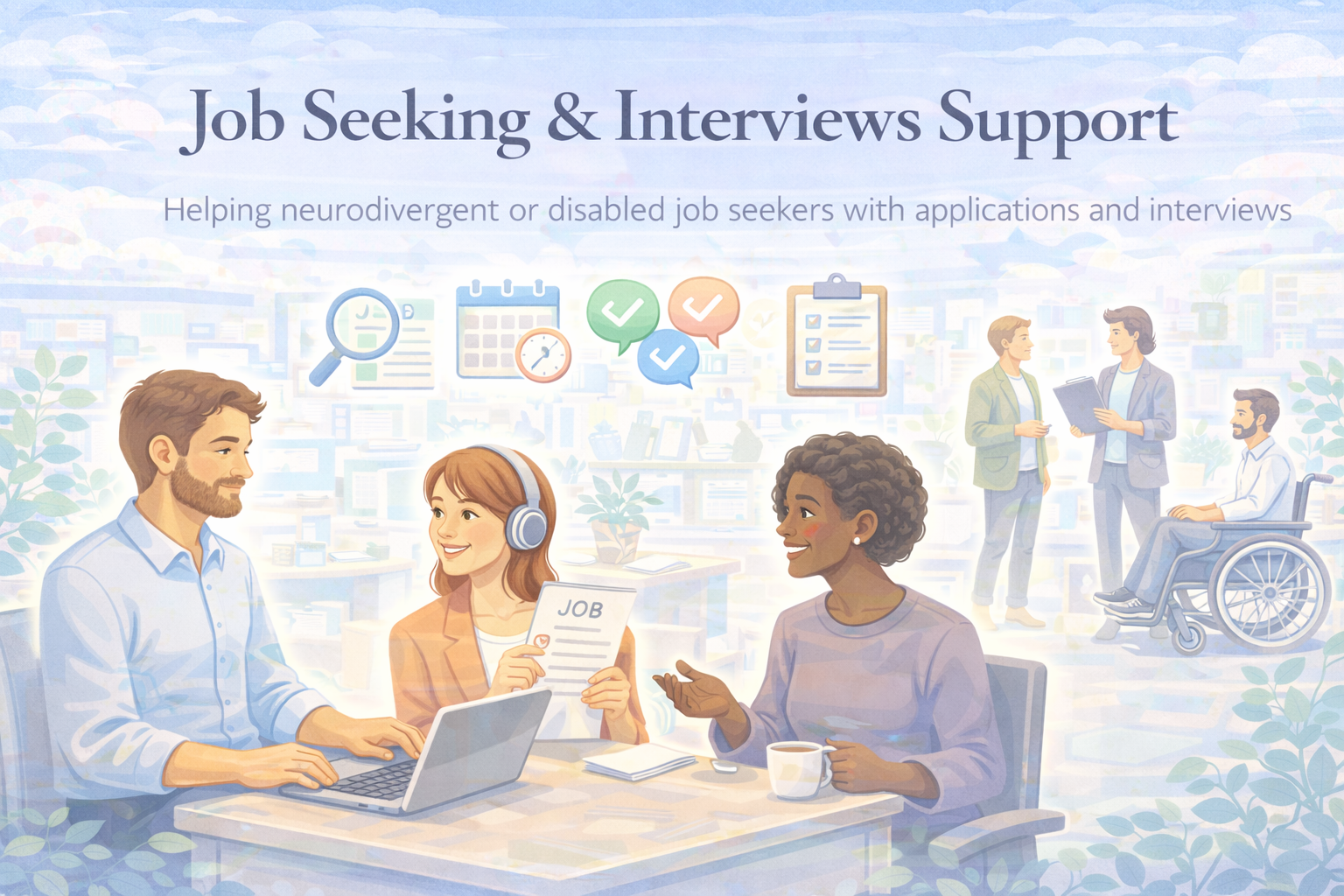 Job Seeking & Interviews Support — banner with interview and job search preparation illustration.