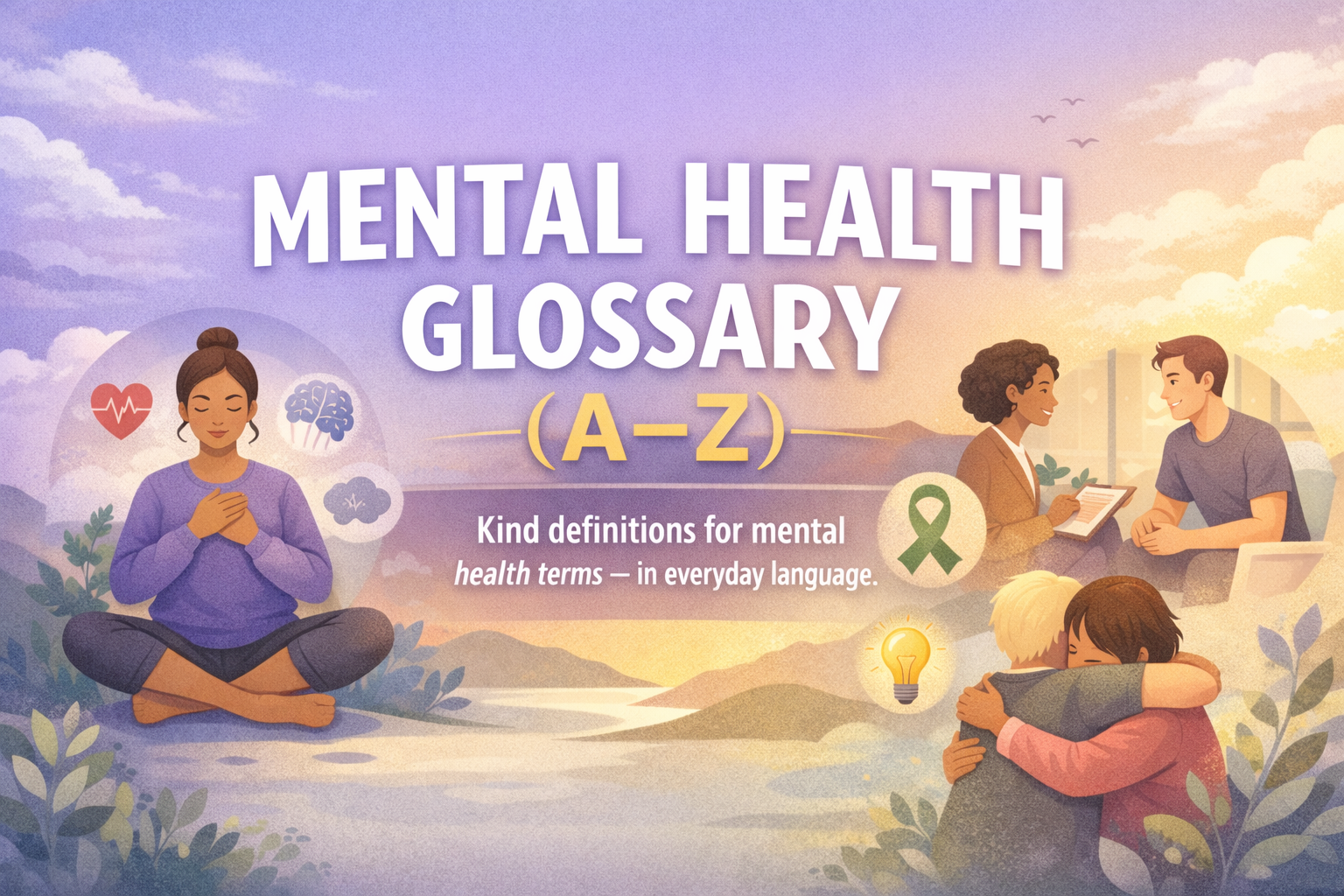 Mental Health Glossary A–Z banner — calm and welcoming journal illustration
