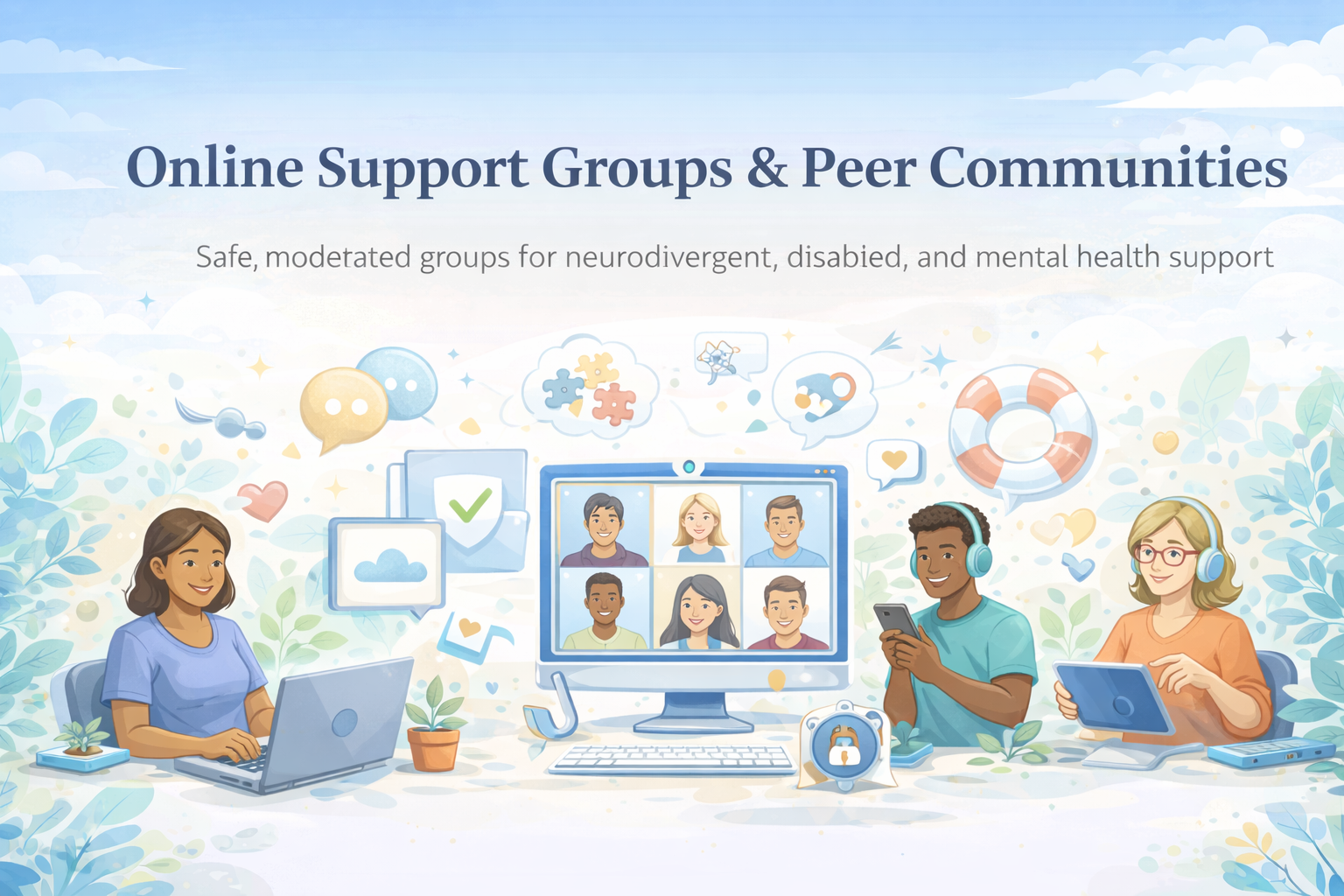 Online Support Groups & Peer Communities — banner showing diverse people connecting through devices and online communication.