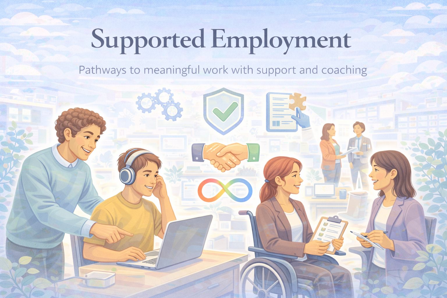 Supported Employment — banner showing a supportive work and job coaching environment.