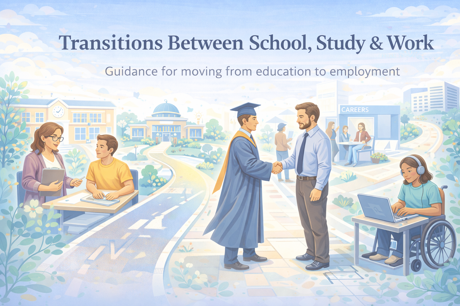 Transitions between school, study and work banner showing supportive pathway.