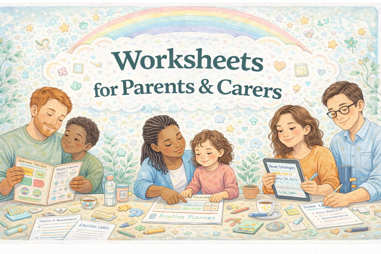 Worksheets for Parents & Carers — calm inclusive illustration with parents and carers holding worksheets