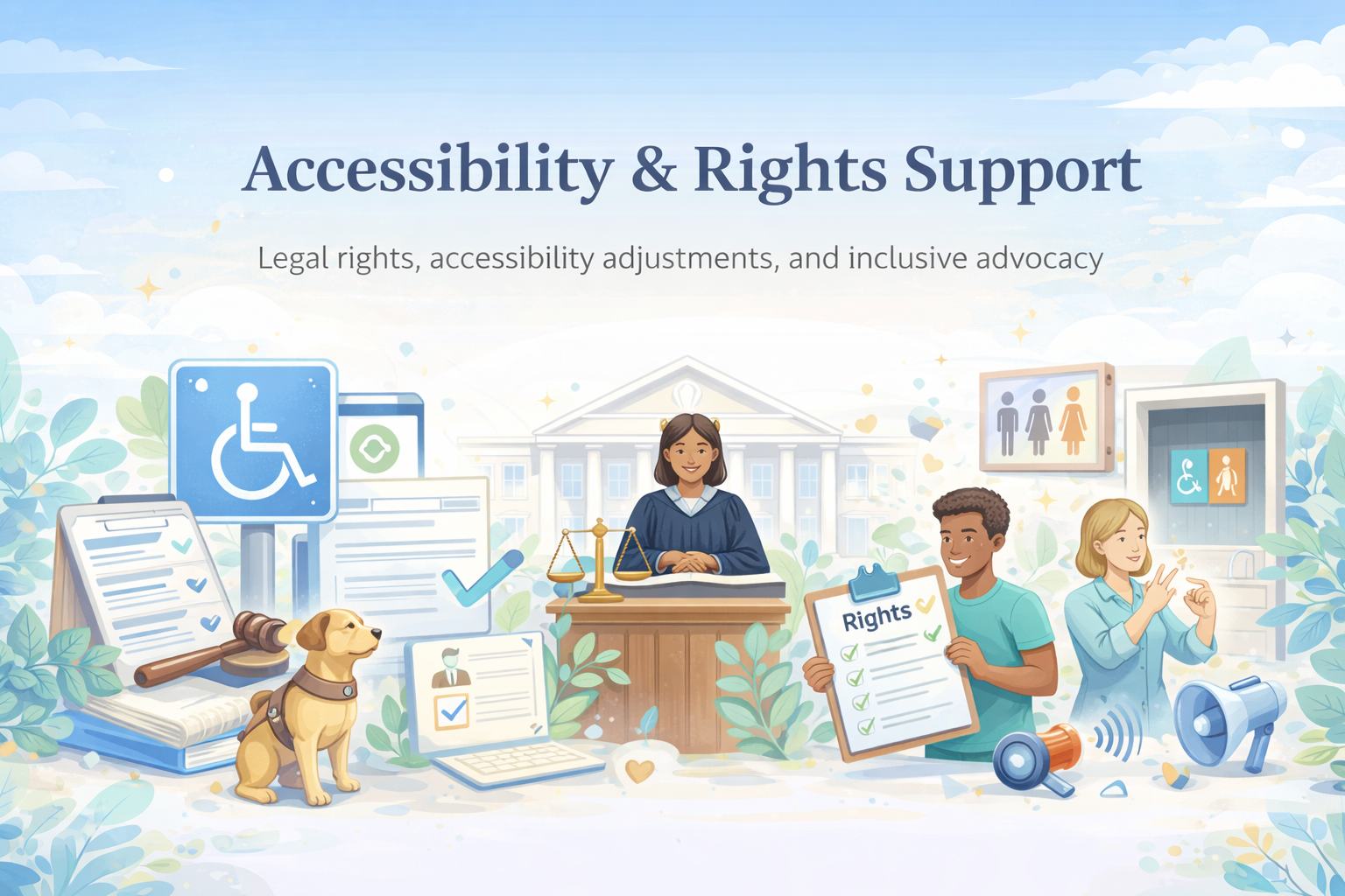 Accessibility & Rights Support — people accessing accessibility services and legal rights guidance.