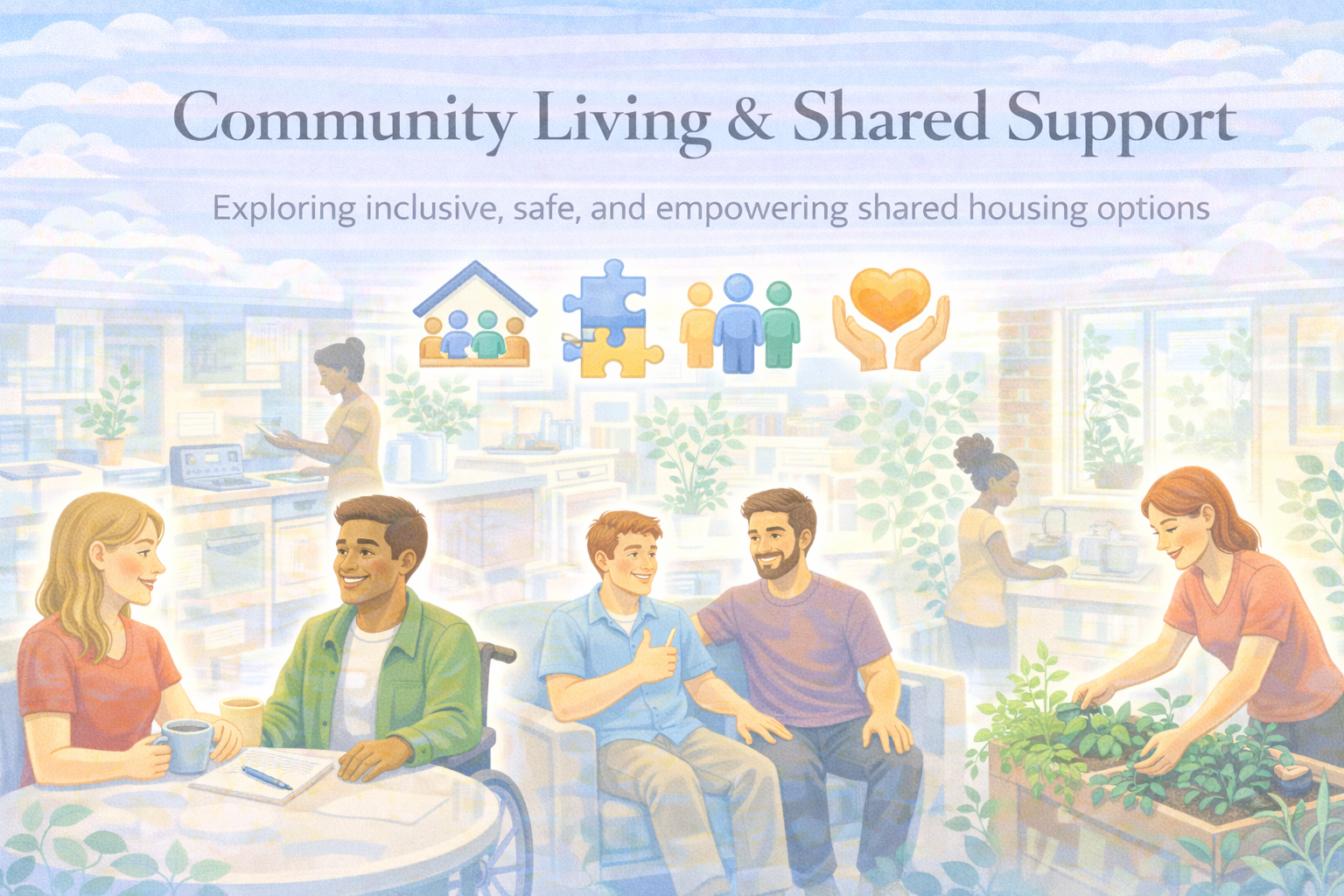 Community Living & Shared Support — friendly shared home environment illustration.