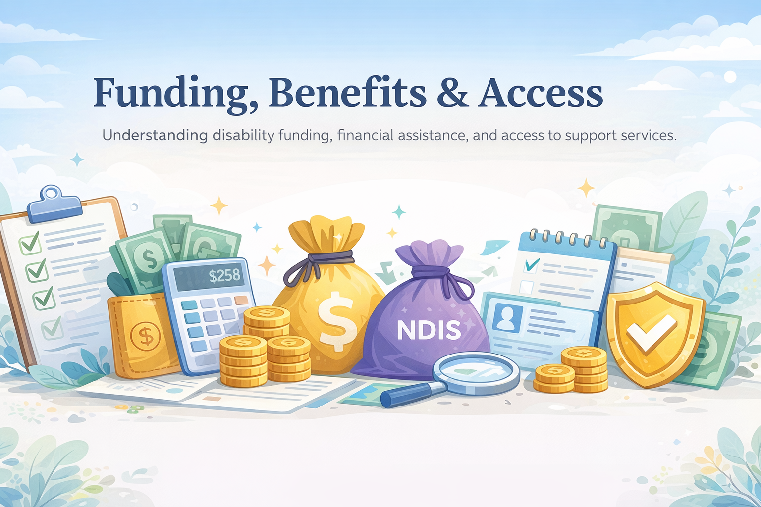 Funding, benefits and access support banner showing inclusive financial and support pathways