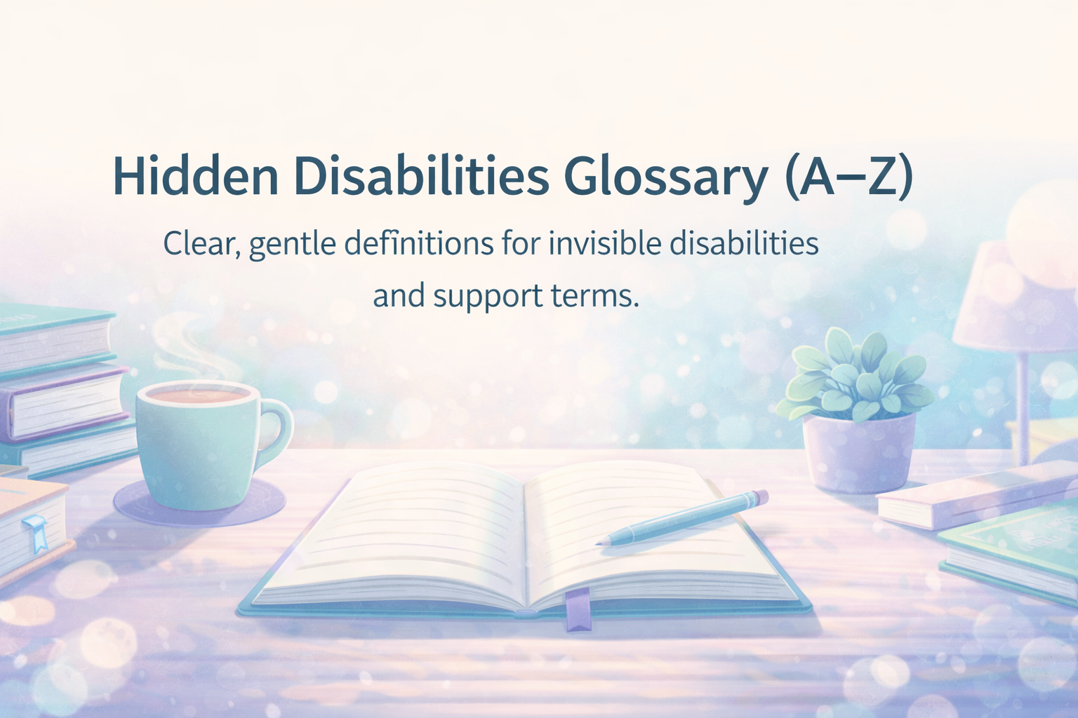 Hidden Disabilities Glossary A–Z banner — calm and welcoming illustration