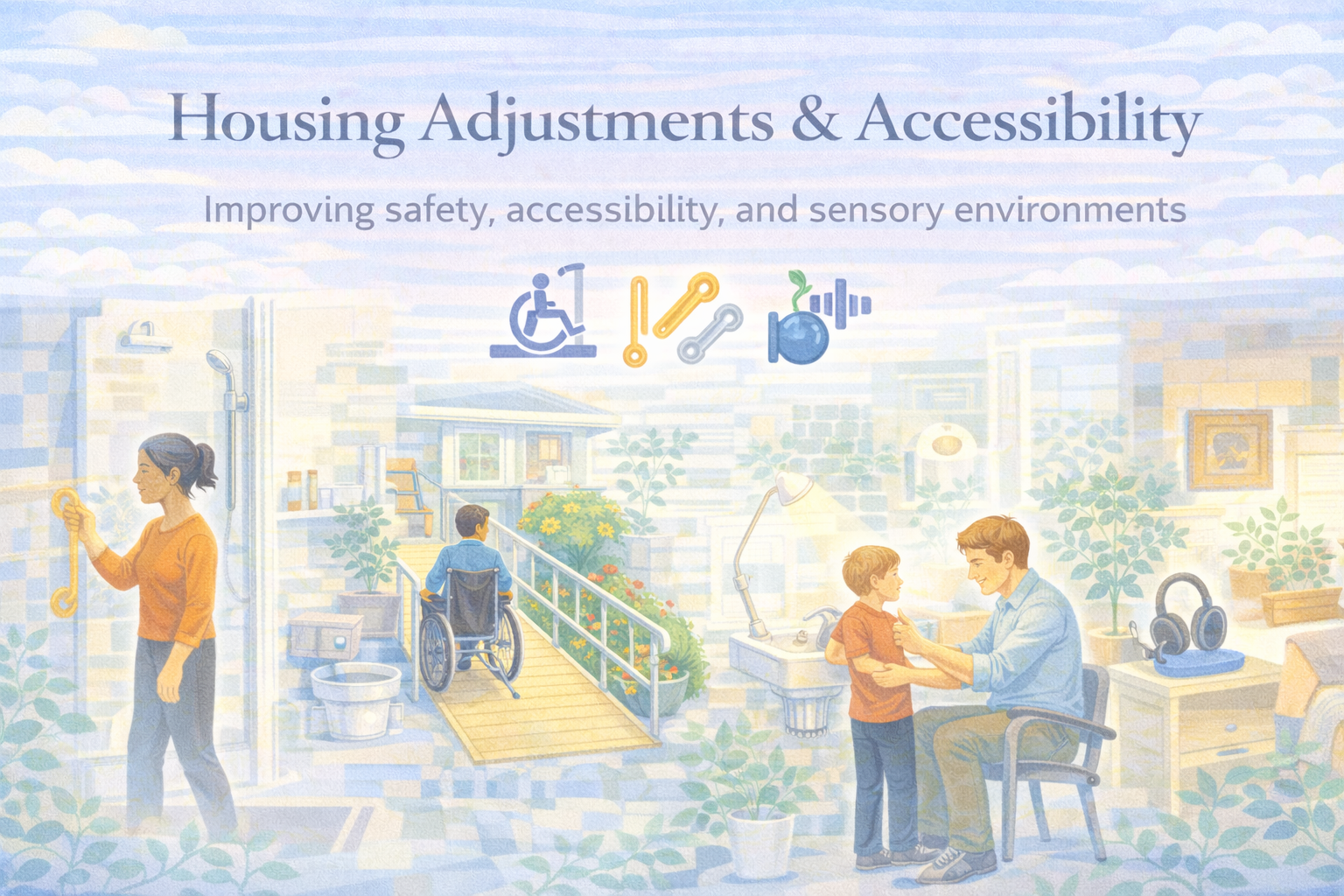Housing Adjustments & Accessibility — banner showing accessible home with supportive features.