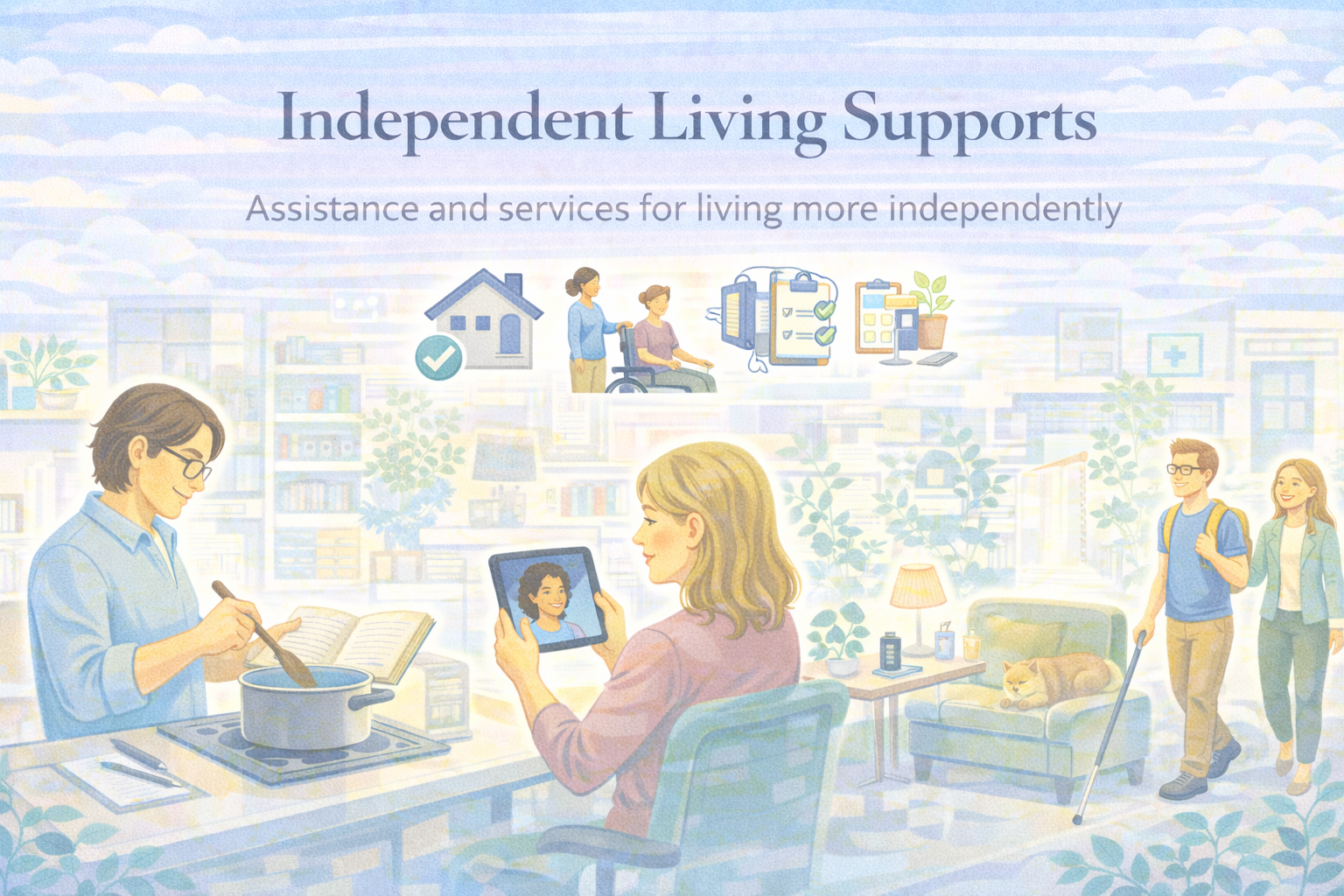 Independent Living Supports — calm and accessible home support illustration.