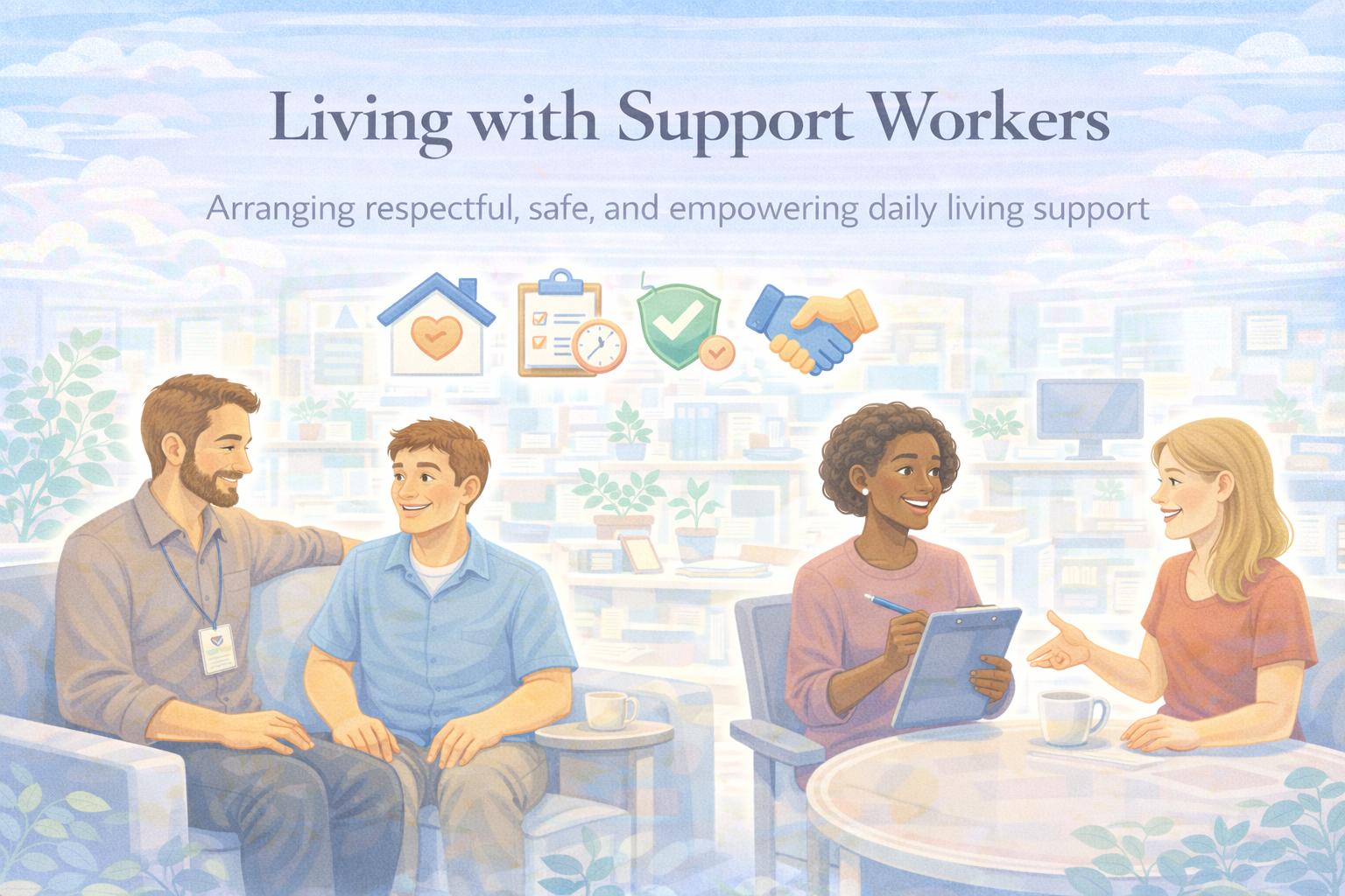 Living with Support Workers — inclusive home support illustration.