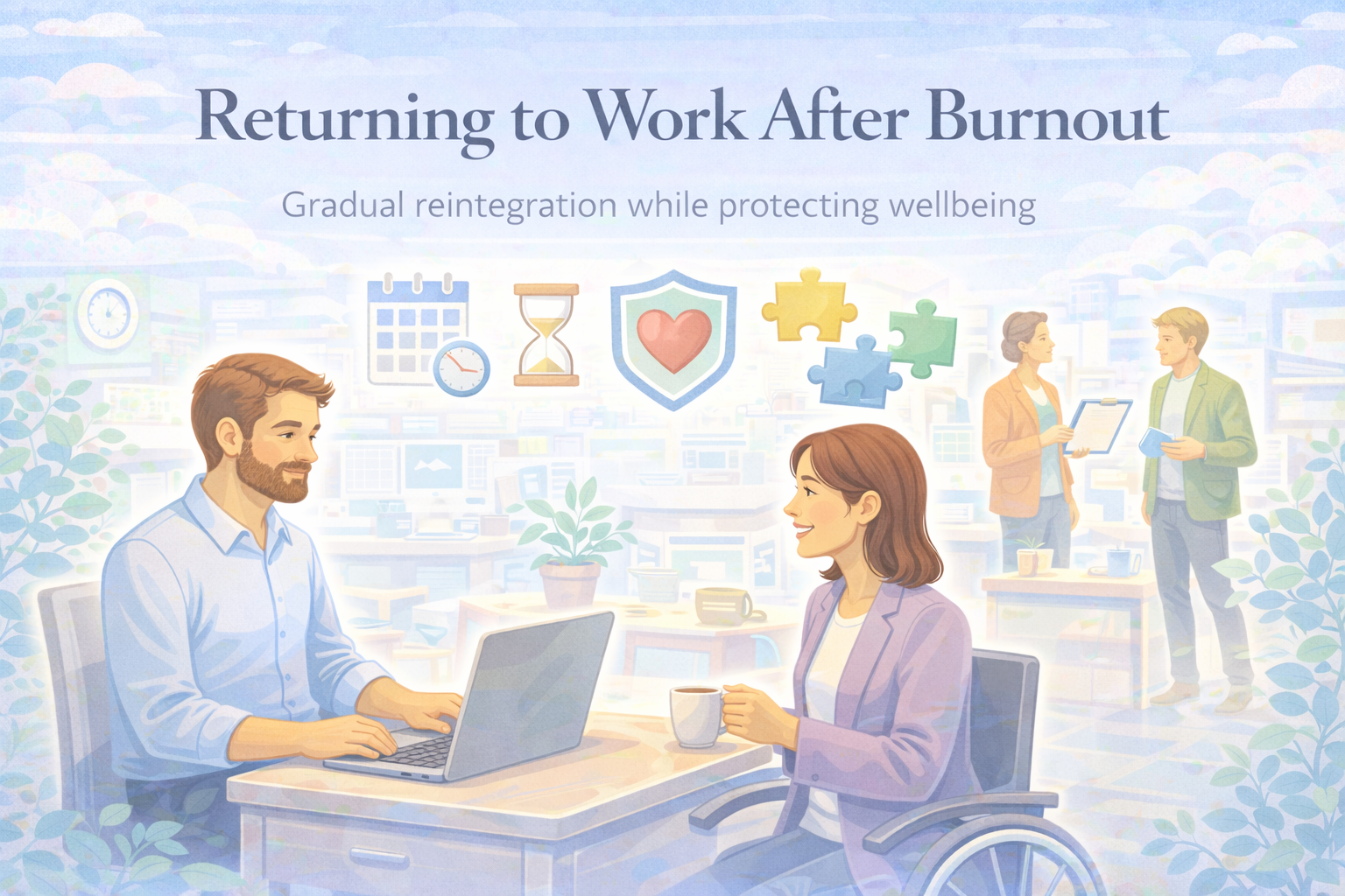 Returning to Work After Burnout — calming supportive workplace illustration.