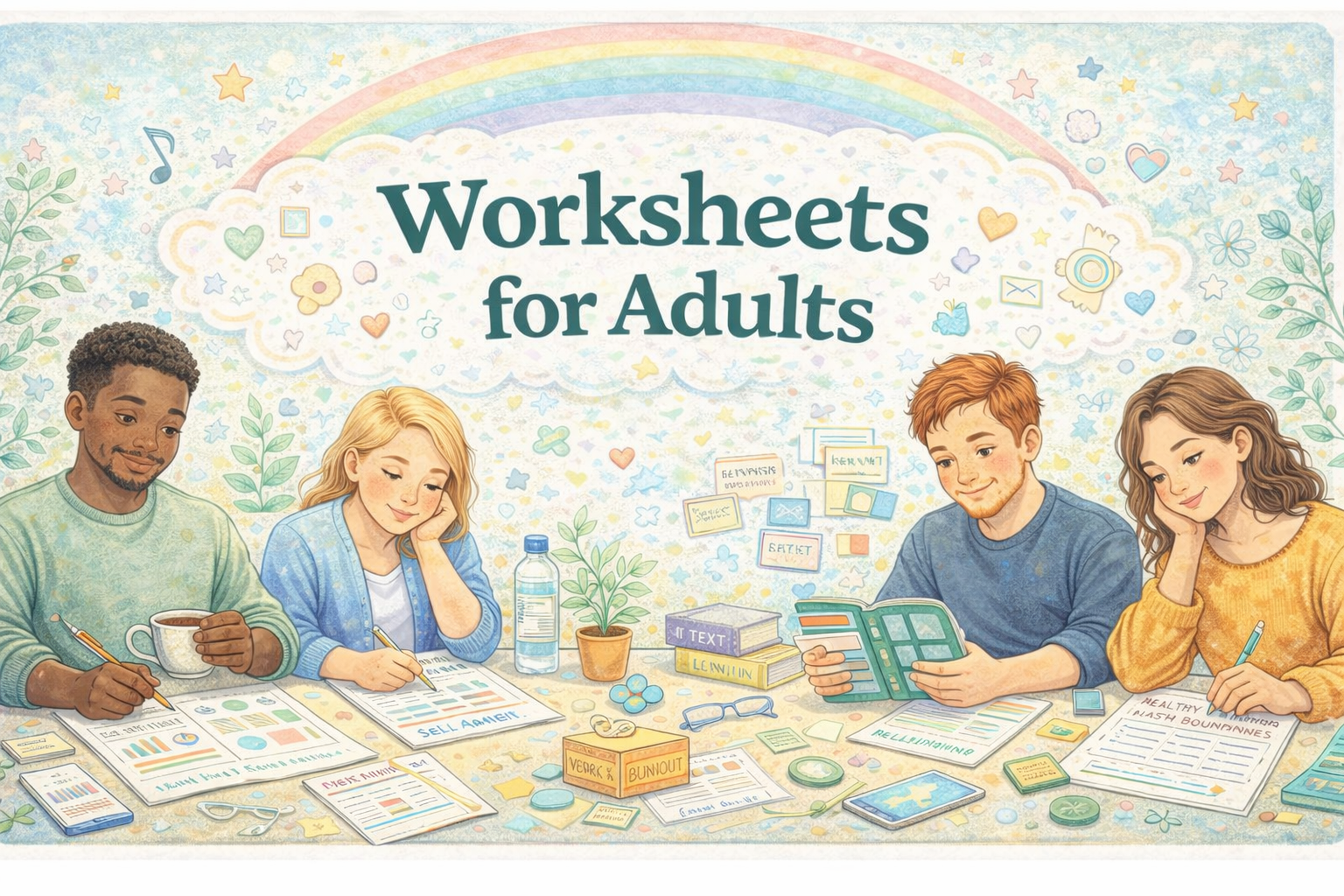 Worksheets for Adults banner — calm, inclusive illustration with adults using worksheets