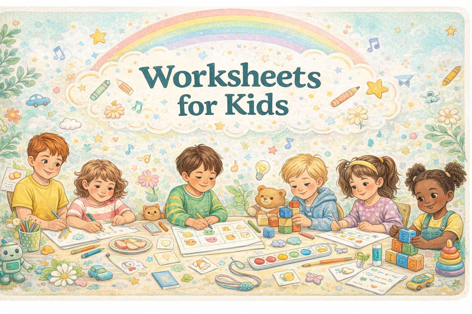 Worksheets for Kids banner showing children learning and playing