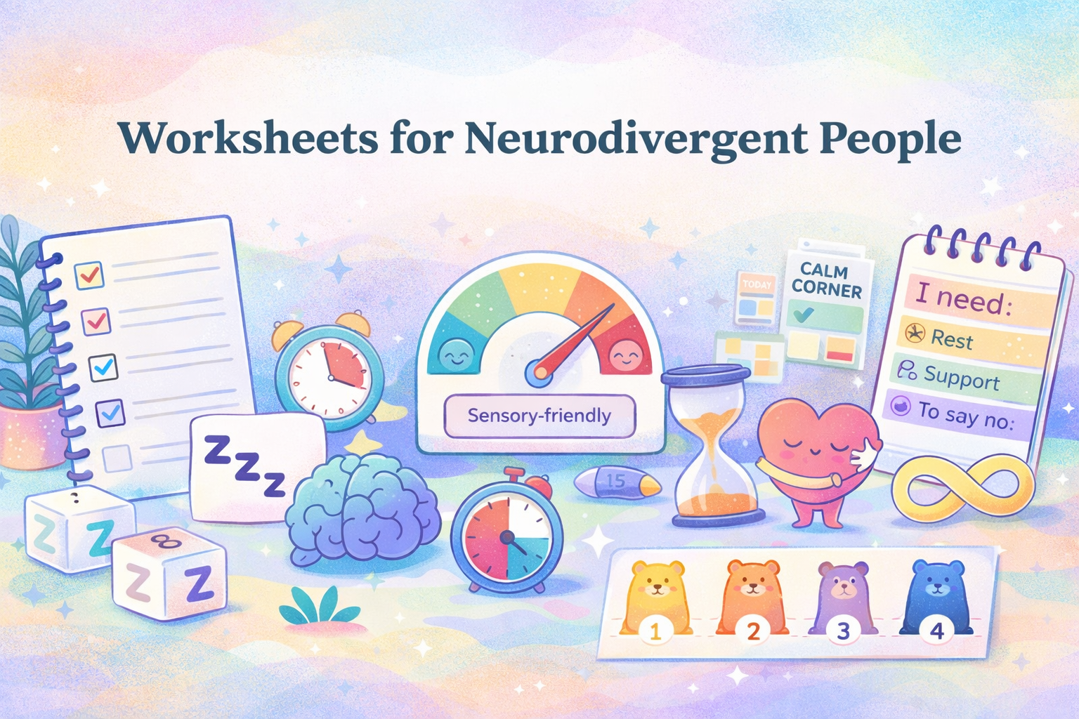 Worksheets for Neurodivergent People – inclusive calming banner illustration
