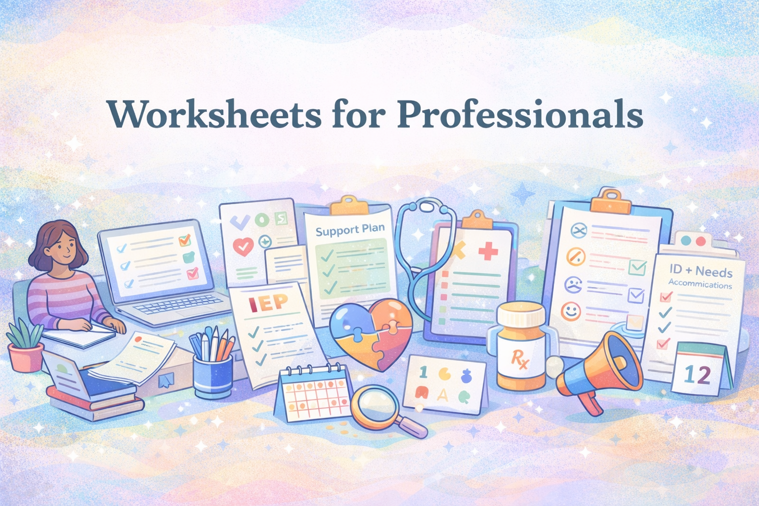 Worksheets for Professionals banner - Aspie Answers printable resources for support workers, teachers, clinicians, and community professionals