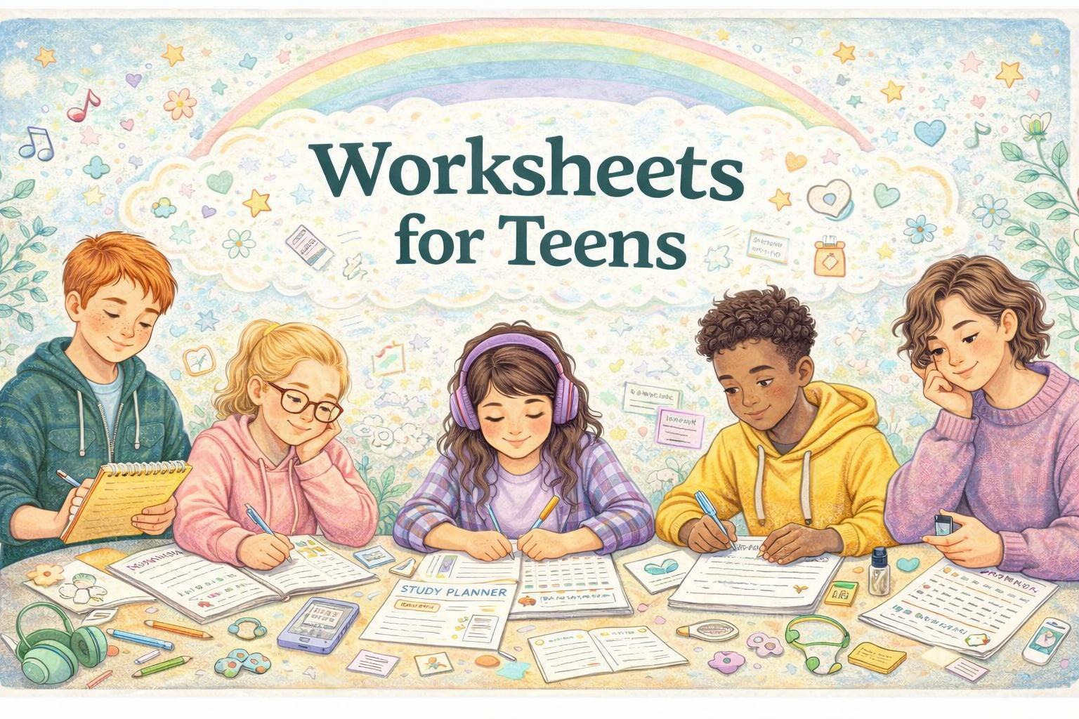 Worksheets for Teens banner — calm, inclusive illustration with teens working on worksheets