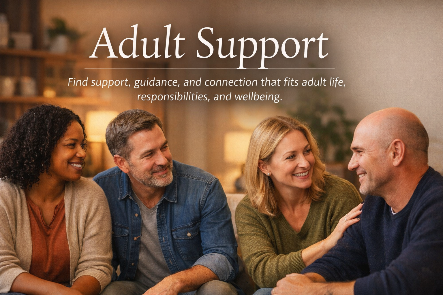 Adult Support banner showing semi-realistic adults in a warm and welcoming setting.
