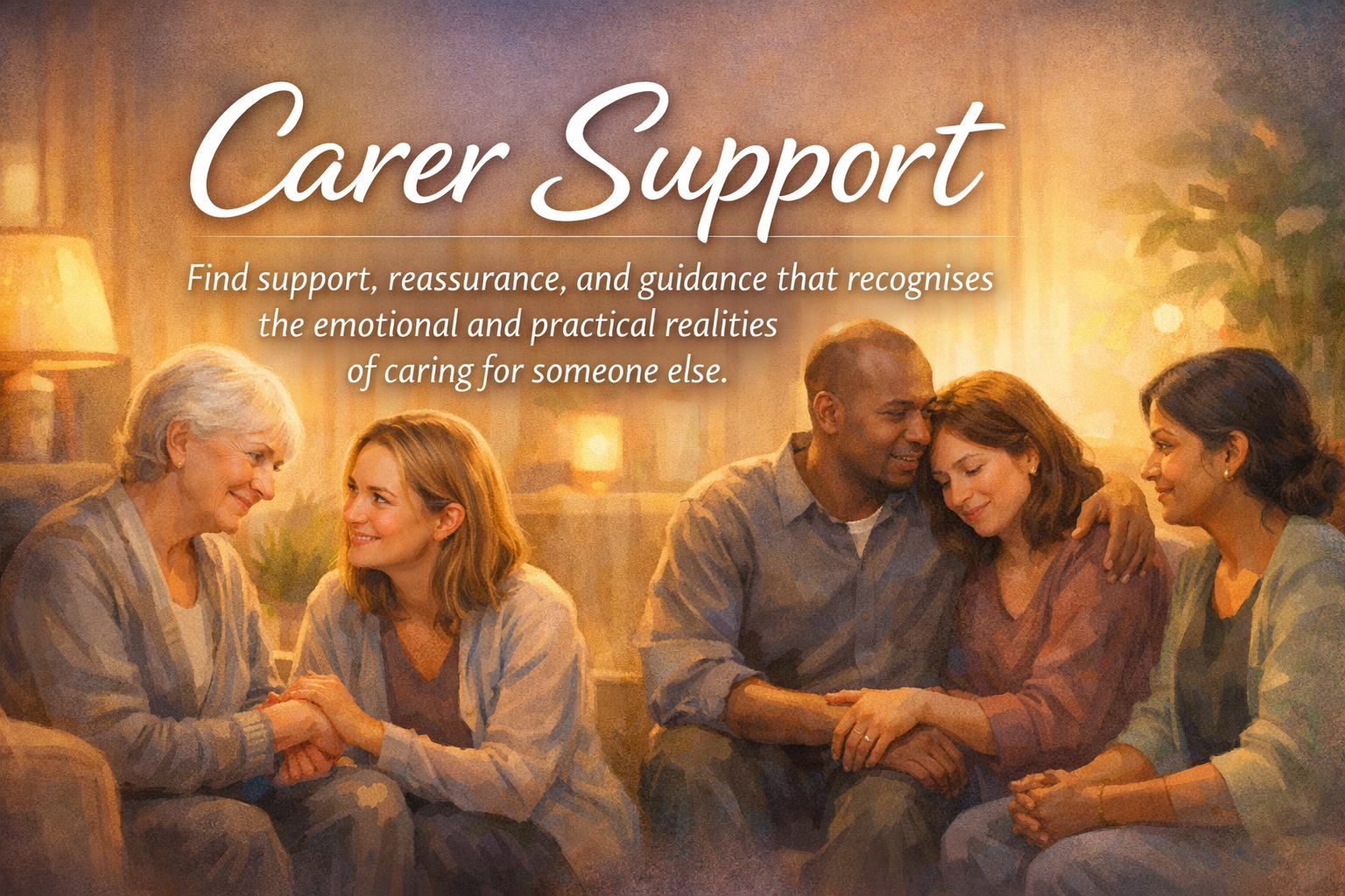 Carer Support banner showing semi-realistic carers in a warm and welcoming setting.