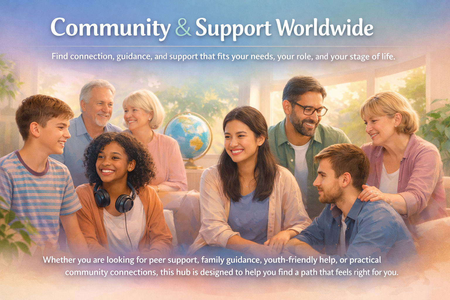 Community and Support Worldwide banner featuring diverse semi-realistic people in a warm welcoming setting.