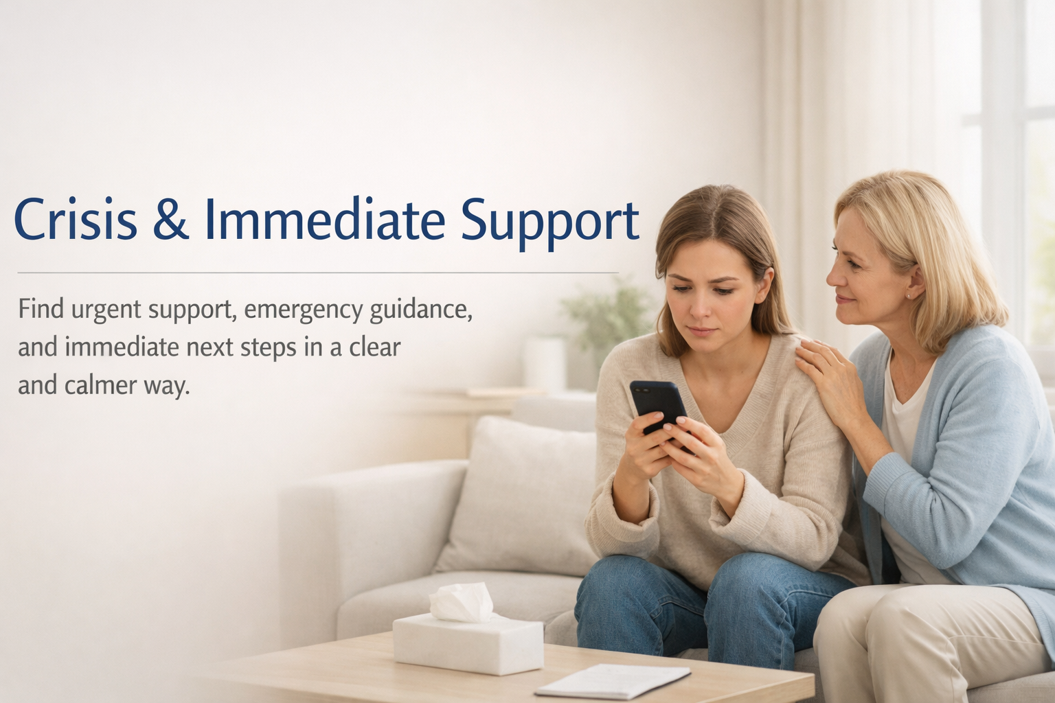 Crisis and Immediate Support banner showing a calm, clear, supportive semi-realistic scene.