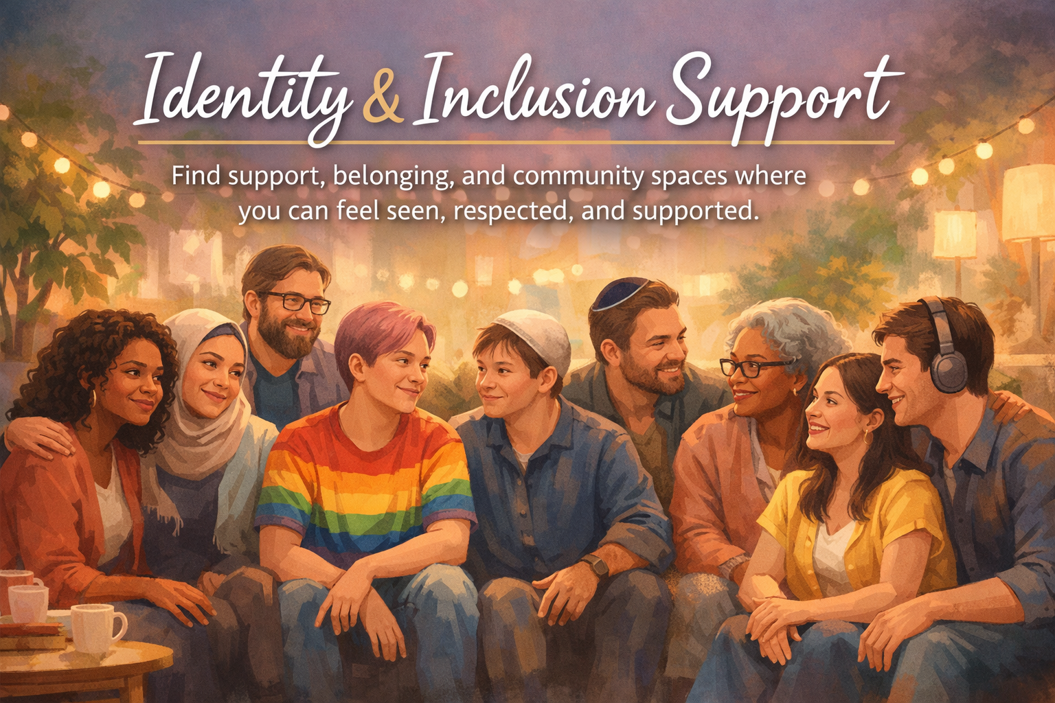 Identity and Inclusion Support banner showing diverse semi-realistic people in a warm and welcoming inclusive setting.