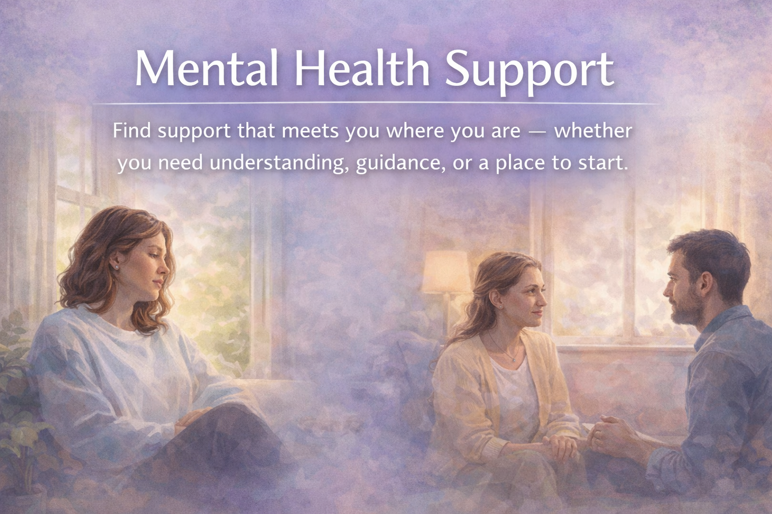 Mental Health Support banner showing a calm, supportive semi-realistic scene with a gentle and grounding atmosphere.