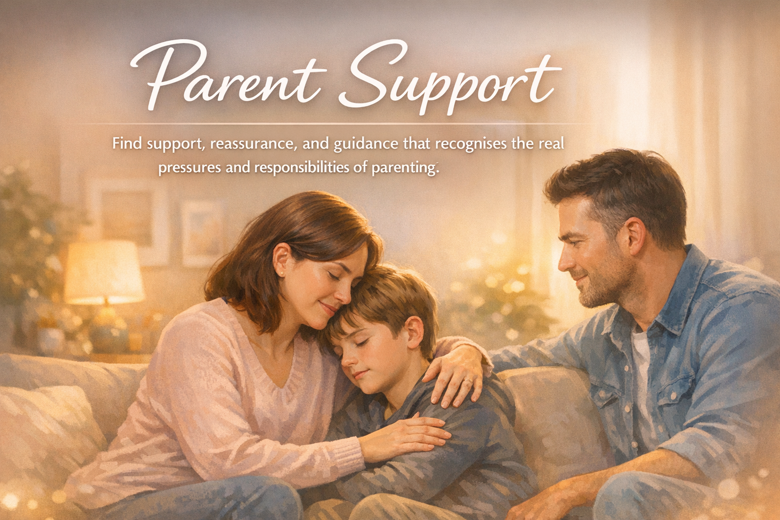 Parent Support banner showing semi-realistic parents in a warm and welcoming setting.