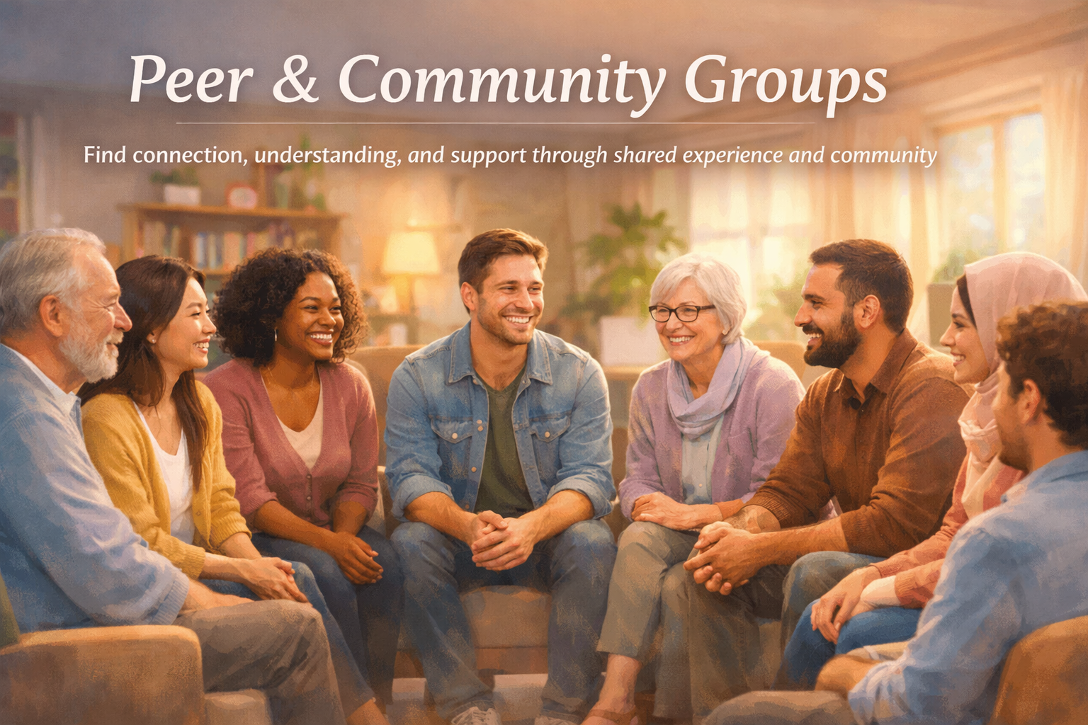 Peer and Community Groups banner showing diverse semi-realistic people in a warm and welcoming group setting.