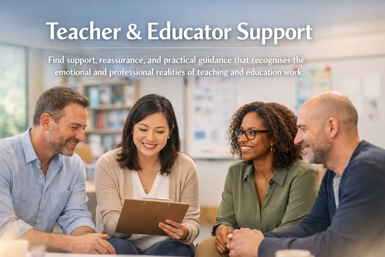Teacher and Educator Support banner showing semi-realistic educators in a warm and welcoming setting.