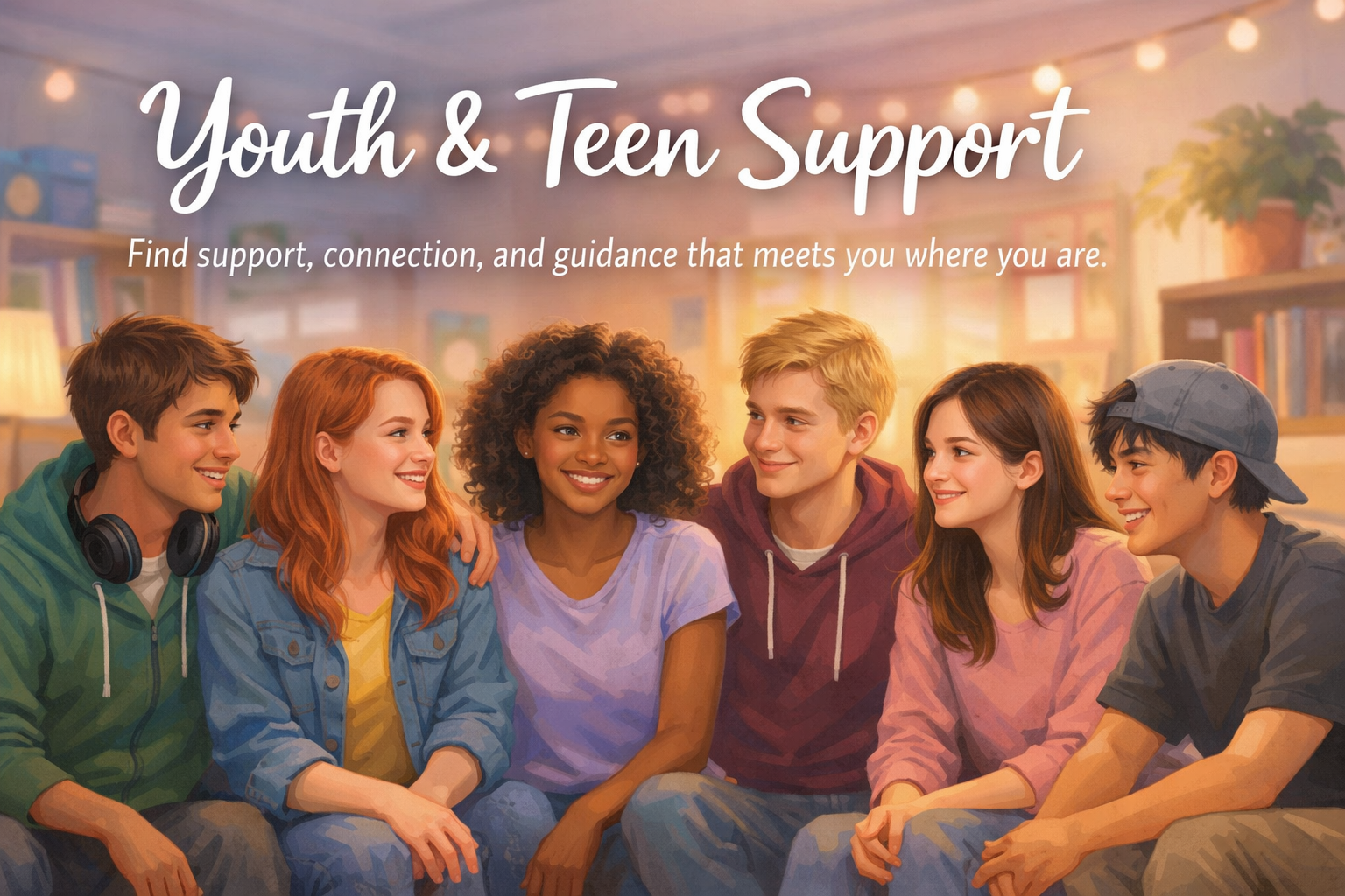 Youth and Teen Support banner showing semi-realistic young people in a warm and welcoming setting.